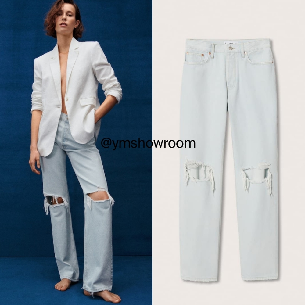 Mango Light Wash Distressed Straight-Leg Jeans